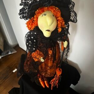 Whimsical Witch Doll with Lace and Polka Dots
